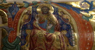 Raffigurazione di San Pietro in trono nella "N" iniziale dell'Introito della Messa per San Nicola di Bari.